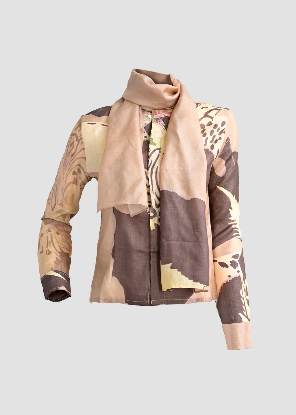 Dowiana | Silk Beige Long Sleeve Shirt with Mini Scarf