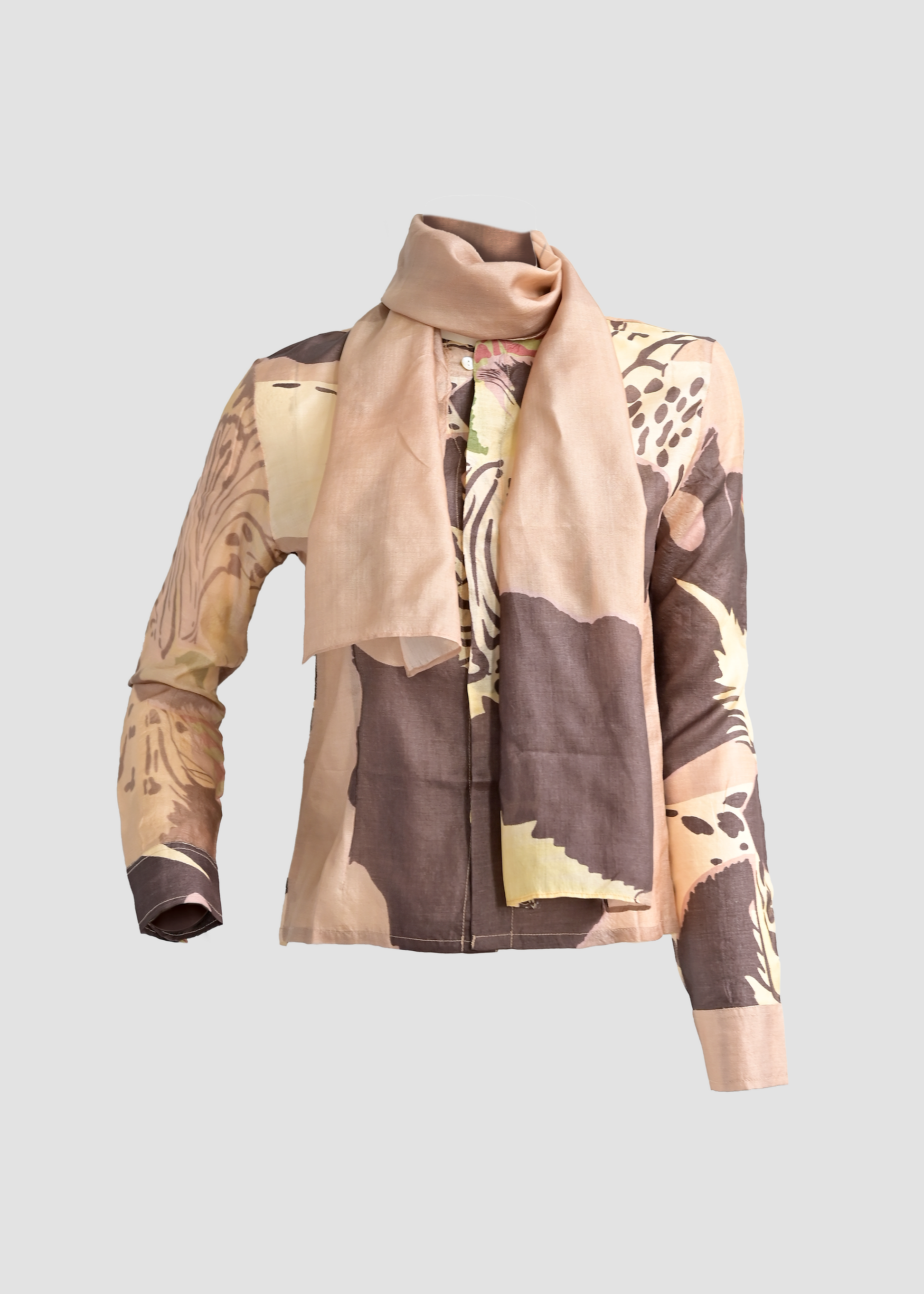 Dowiana | Silk Beige Long Sleeve Shirt with Mini Scarf
