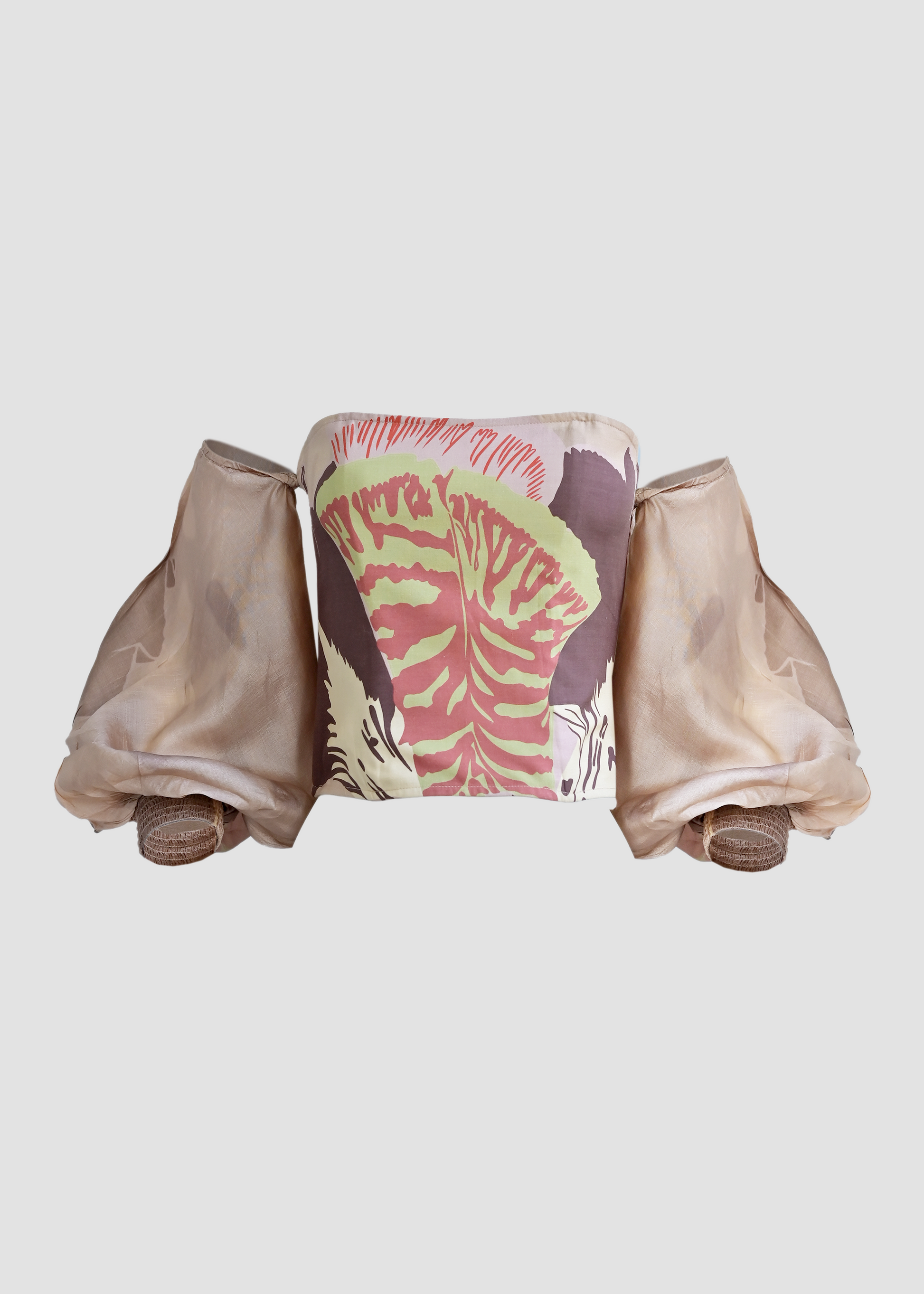 Dowiana | Silk Beige & Brown Strapless Top with Balloon Sleeves
