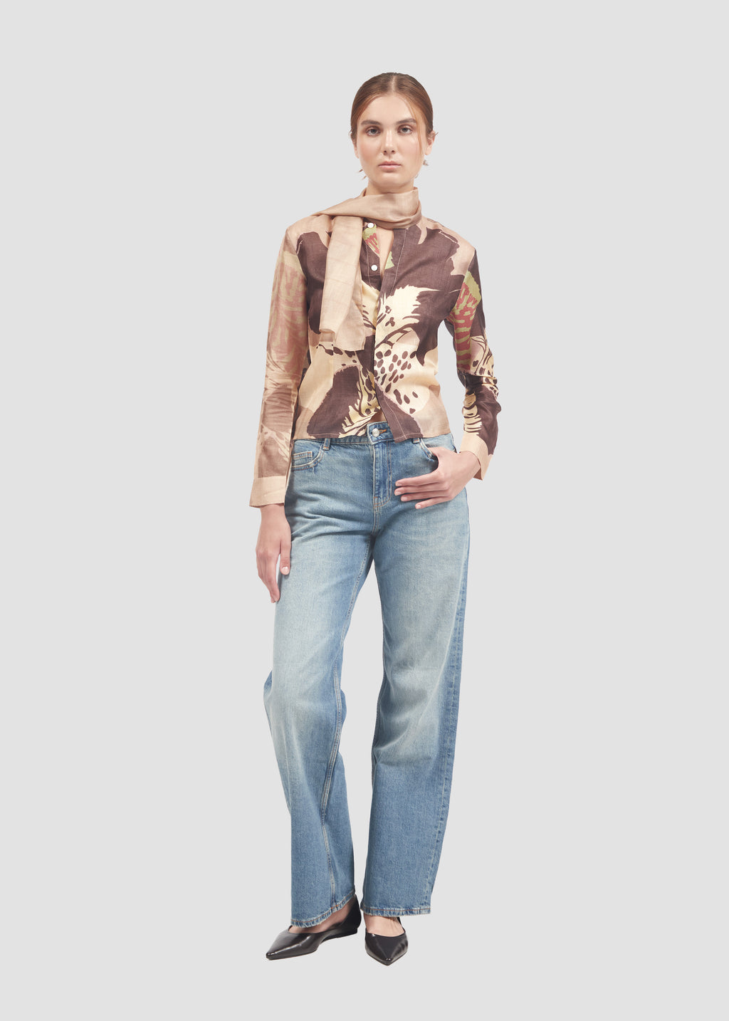Dowiana | Silk Beige Long Sleeve Shirt with Mini Scarf