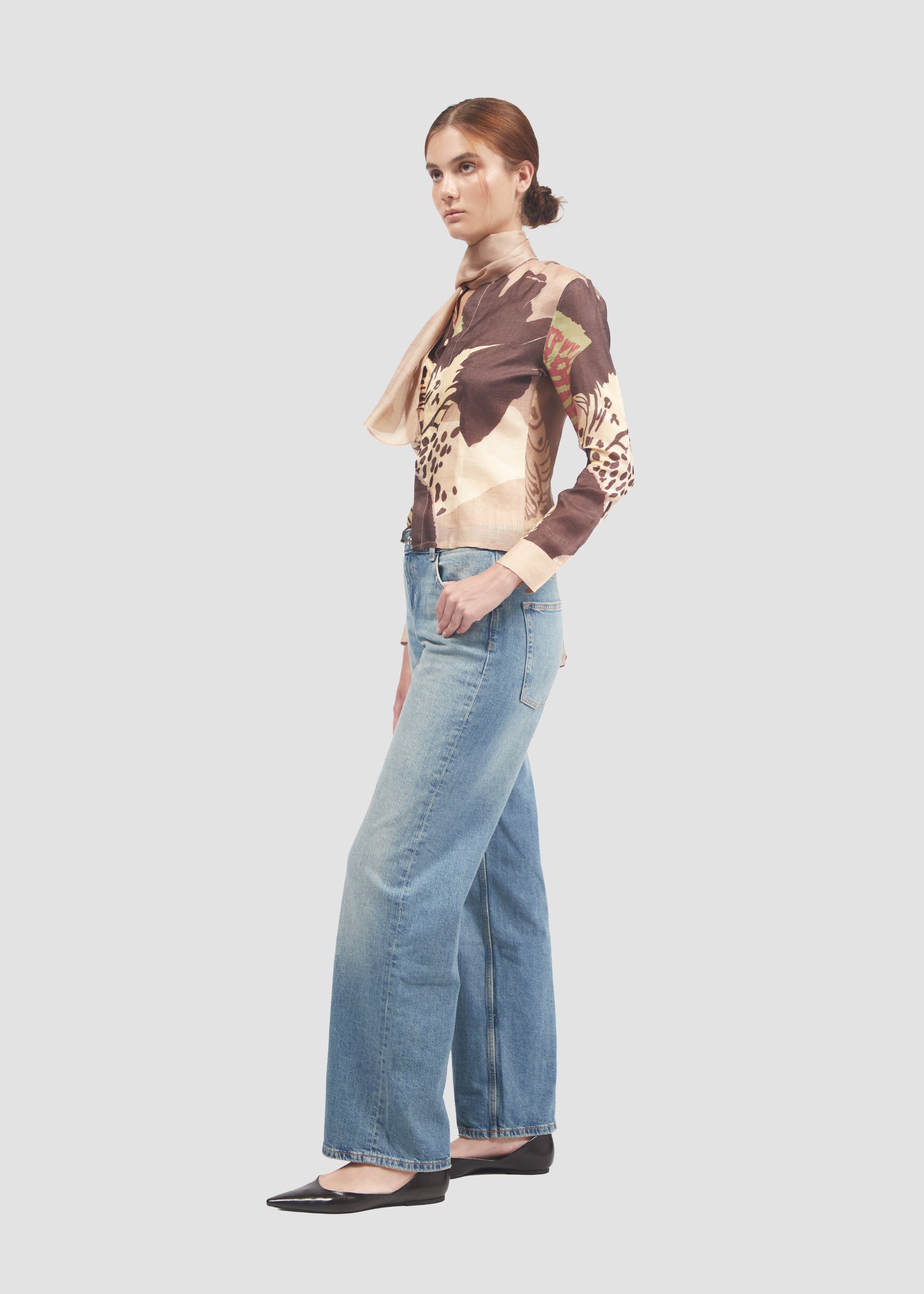 Dowiana | Silk Beige Long Sleeve Shirt with Mini Scarf