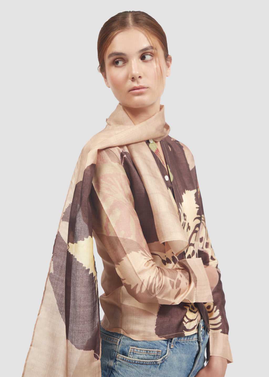 Dowiana | Silk Beige Long Sleeve Shirt with Mini Scarf