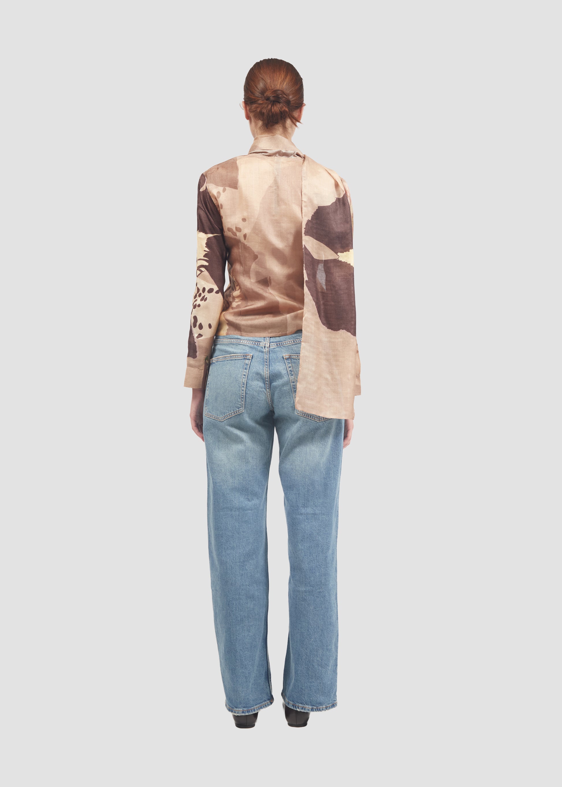 Dowiana | Silk Beige Long Sleeve Shirt with Mini Scarf