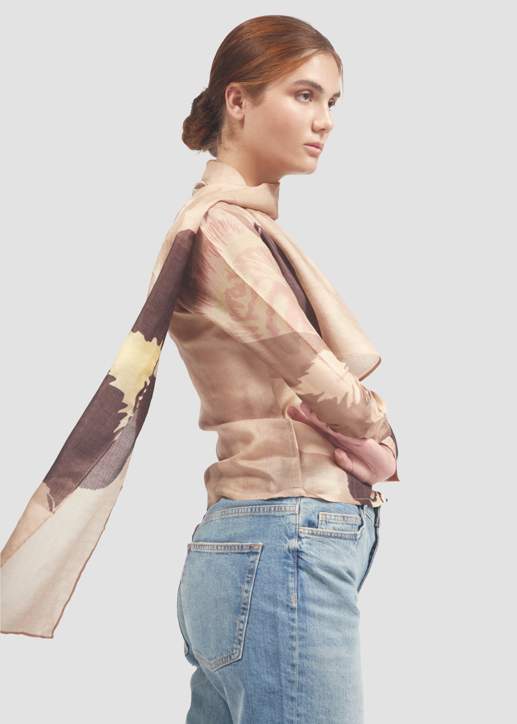Dowiana | Silk Beige Long Sleeve Shirt with Mini Scarf