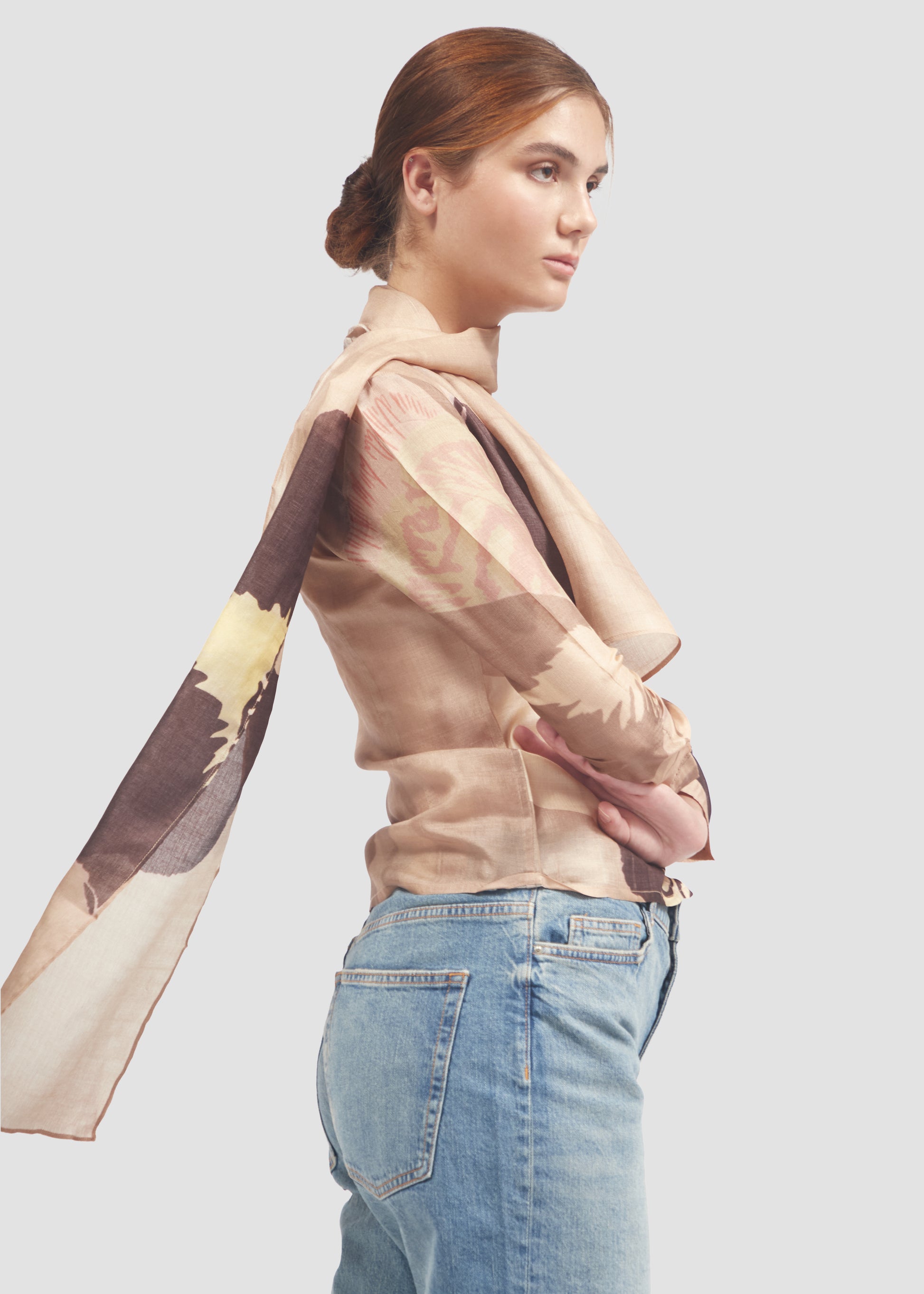 Dowiana | Silk Beige Long Sleeve Shirt with Mini Scarf