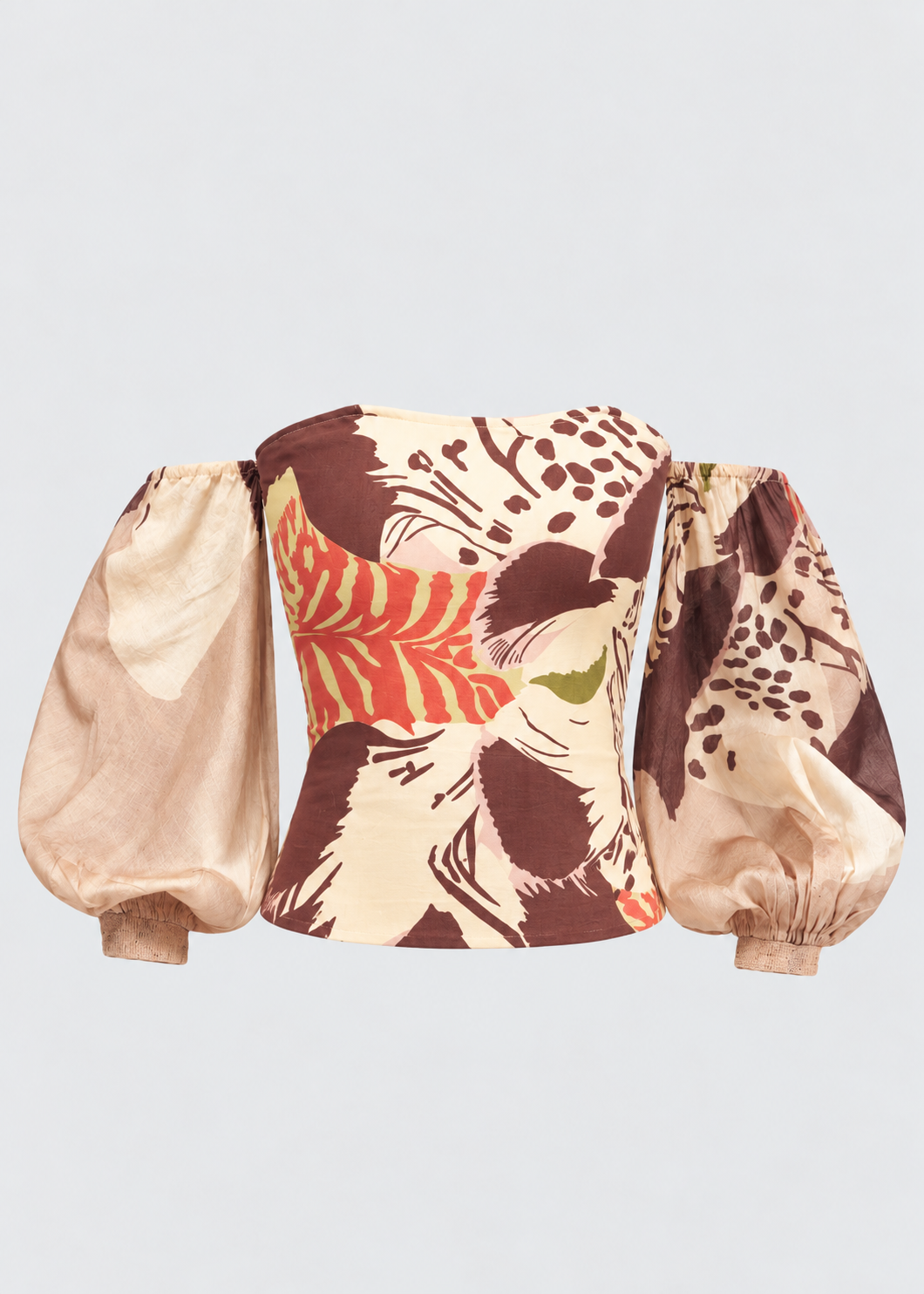 Dowiana | Silk Beige & Brown Strapless Top with Balloon Sleeves