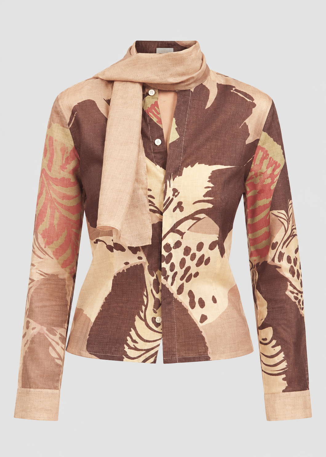 Dowiana | Silk Beige Long Sleeve Shirt with Mini Scarf